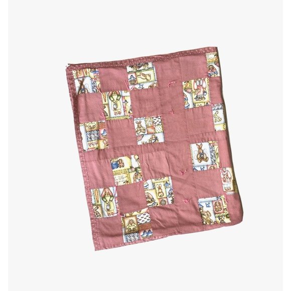 Vintage Handmade Throw Blanket Quilt Bunnies Rabbits Baby Child Pink Patchwork - Picture 2 of 9